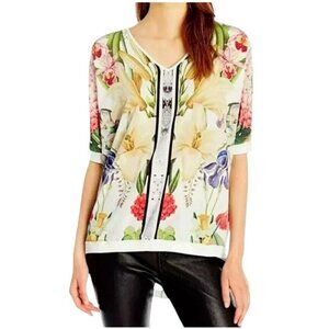 Ted Baker Shirt Women Small Ivory Silky Floral Print Knit Back‎ Half Sleeve Top